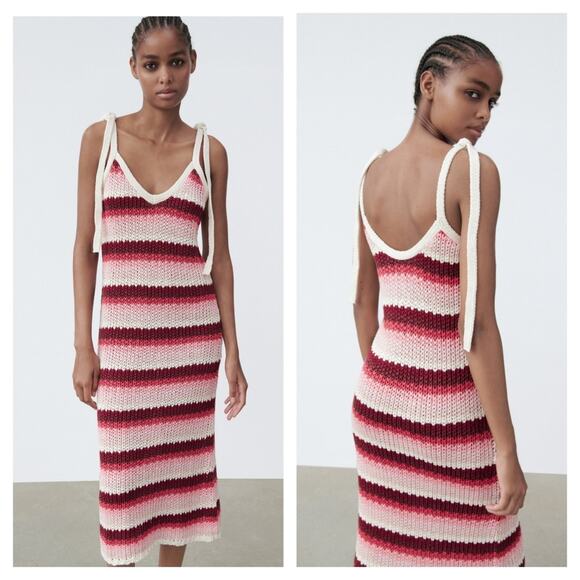 Zara Tie Strap Knit Midi Dress Small - Picture 1 of 7